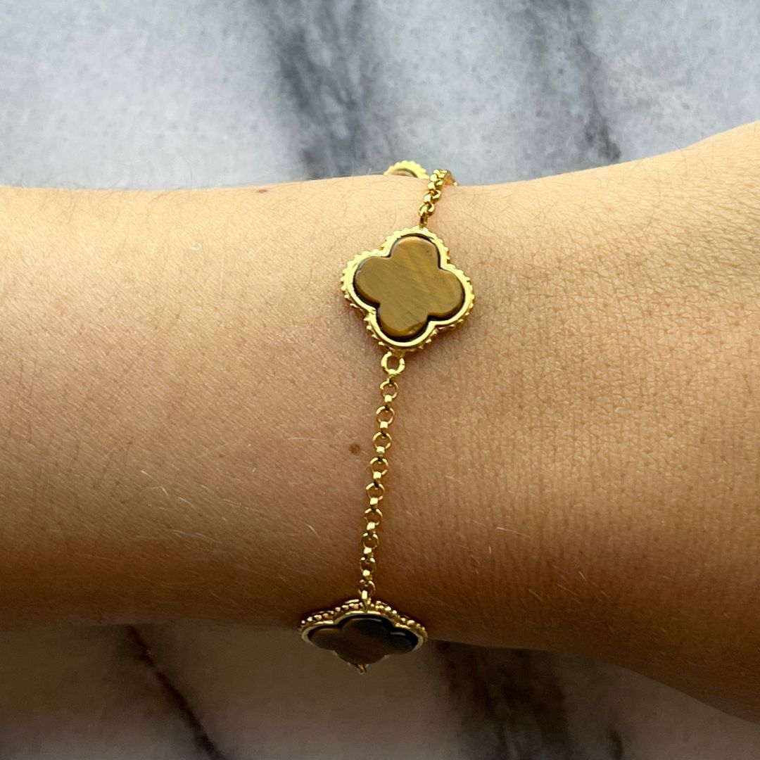 Clover Tiger Eye Gold Bracelet